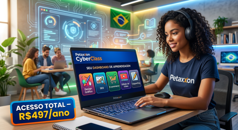 Tela de laptop exibindo a plataforma CyberClass da Petaxxon com ícones de habilidades digitais e selo de assinatura anual de R$497.