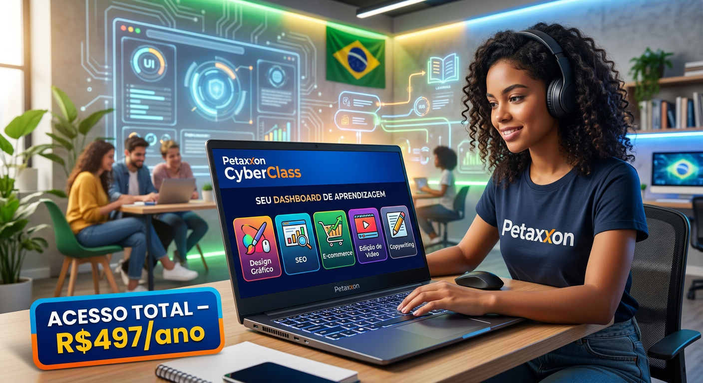 Tela de laptop exibindo a plataforma CyberClass da Petaxxon com ícones de habilidades digitais e selo de assinatura anual de R$497.