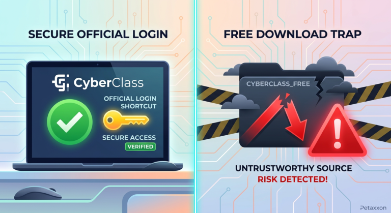 Ilustração dividida mostrando o login oficial do CyberClass ao lado da armadilha de download grátis, com ícones de segurança e alerta.