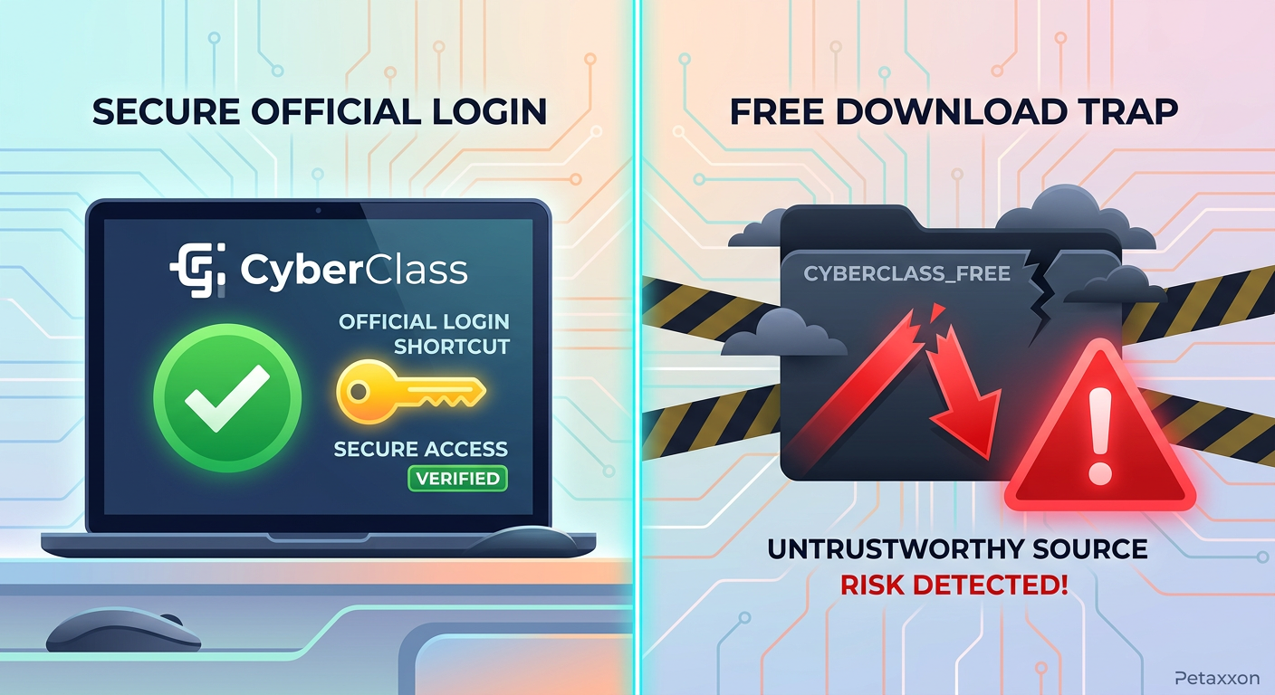 Ilustração dividida mostrando o login oficial do CyberClass ao lado da armadilha de download grátis, com ícones de segurança e alerta.