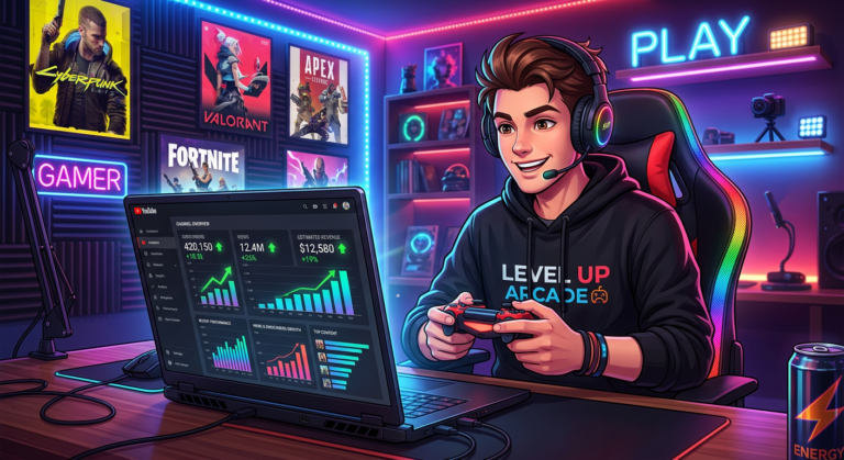 Jovem gamer YouTuber analisando seu painel de métricas do YouTube com crescimento de inscritos, visualizações e receita.