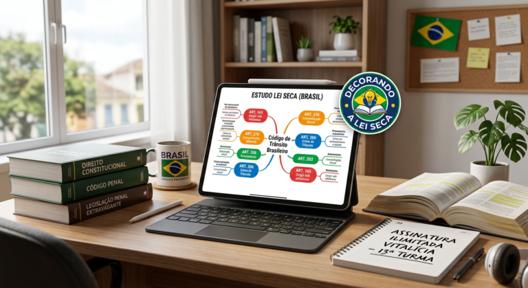 Mesa de estudo com tablet exibindo mapas mentais da Lei Seca, logo do Decorando a Lei Seca, livros de direito e a frase 'Assinatura Ilimitada Vitalícia - 13ª Turma'.