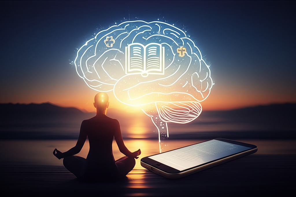 Ilustração de um cérebro iluminado ao nascer do sol, símbolos bíblicos sutis, pessoa meditando e dispositivo móvel representando o acesso digital ao despertar da consciência.