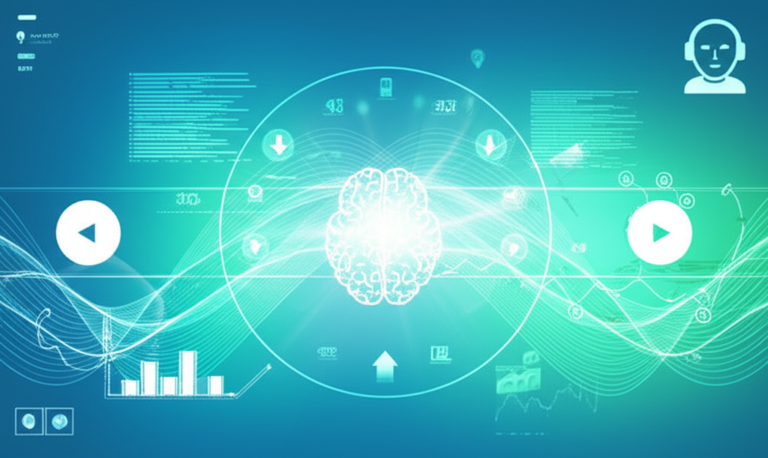 Cérebro estilizado em tons de azul e verde, emanando gráficos financeiros organizados e claros, com elementos de interface de usuário simples e setas intuitivas. A imagem representa clareza mental e facilidade no aprendizado financeiro, com um ícone sutil de IA de suporte.