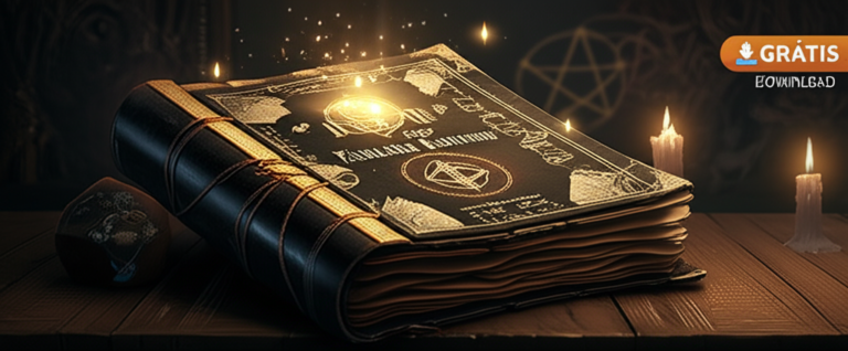 Ilustração de um diário antigo aberto com símbolos ocultos e efeito digital de download gratuito ao fundo.