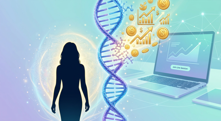 Ilustração da DNA do super humano transformando‑se em símbolos de prosperidade, com figura feminina confiante e ícones financeiros ao redor.