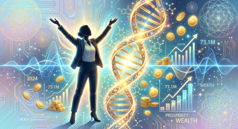 Ilustração de uma hélice de DNA dourada rodeada de símbolos de riqueza e energia espiritual, com a silhueta de uma mulher empreendedora ao fundo.