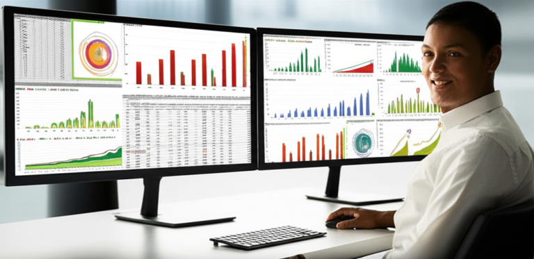 Profissional feliz e eficiente usando dashboards de Excel para análise de dados e automação, demonstrando maestria e produtividade após o curso Sniper do Excel.