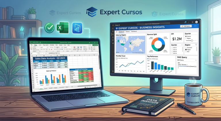 Ilustração de um laptop com planilha Excel e outro monitor com dashboard Power BI, representando o curso "Domine Excel e Power BI - Curso Completo".