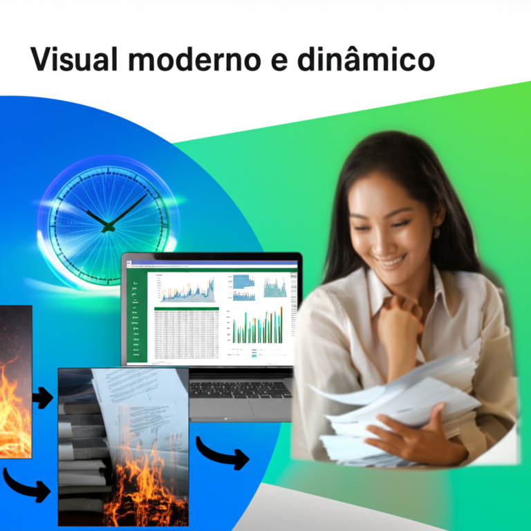 Pessoa utilizando Excel e Power BI em notebook, com gráficos dinâmicos, simbolizando economia de tempo e esforço. Relógio acelerado ao fundo.
