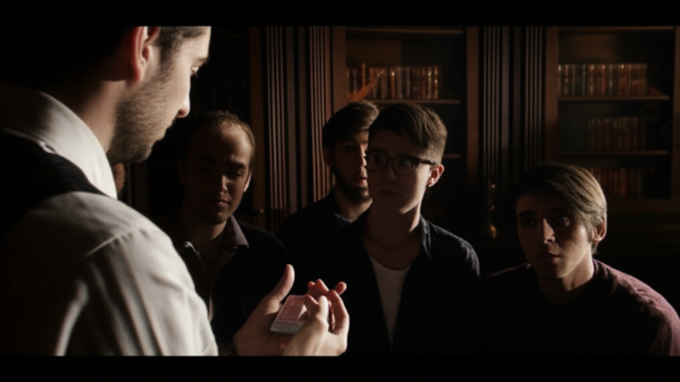 Close-up of a magician's hands expertly manipulating a deck of cards, surrounded by amazed students in a cinematic, scholarly setting.