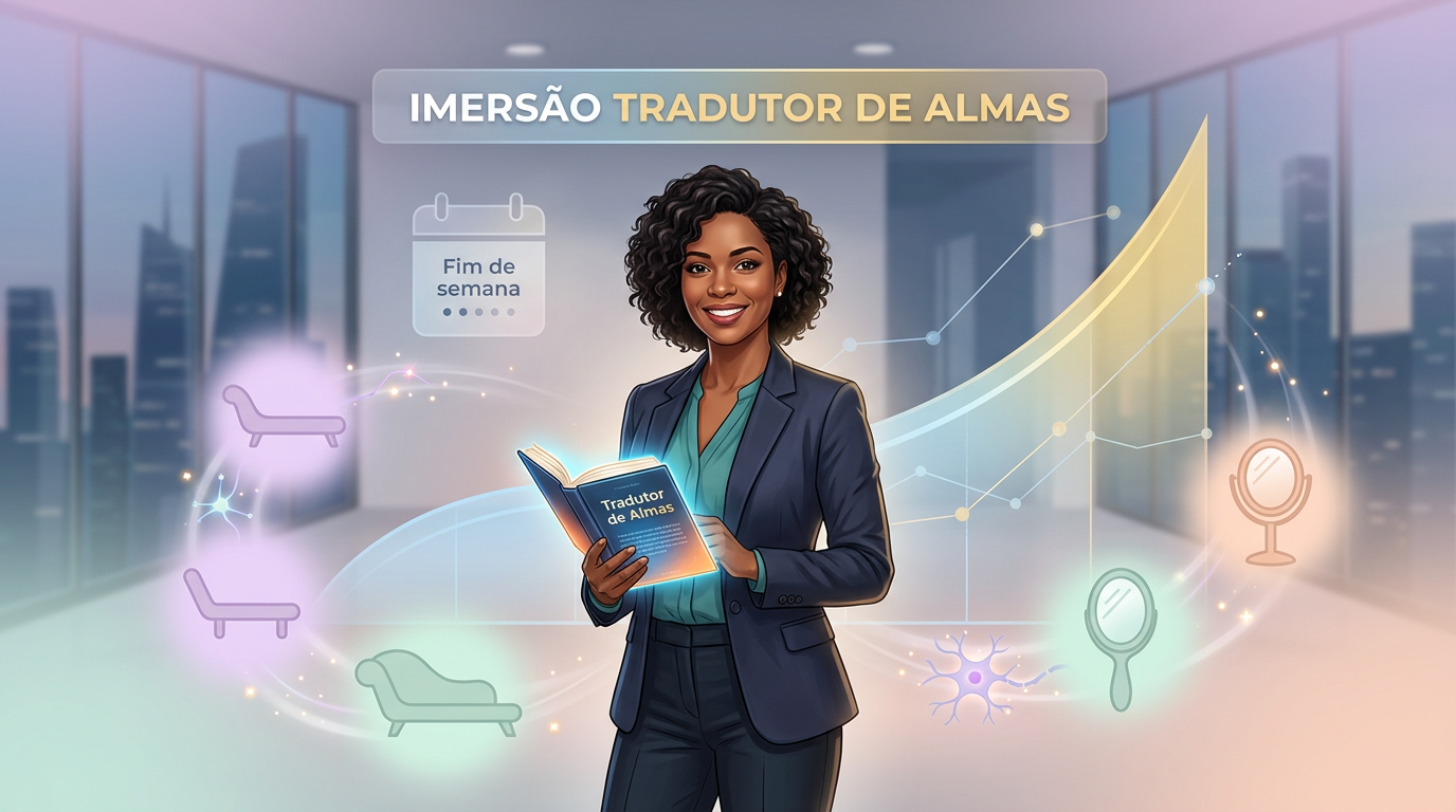 Dra. Andréa Vermont apresentando a Imersão Tradutor de Almas, com ebook iluminado e gráfico de curva de aprendizado ao fundo.