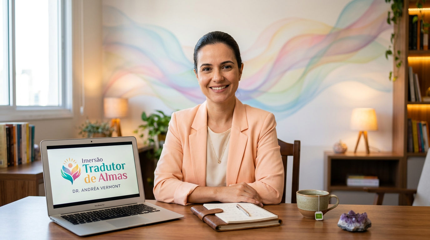 Dra. Andréa Vermont apresentando a Imersão Tradutor de Almas, com laptop aberto e fundo abstrato que simboliza a liberação emocional.