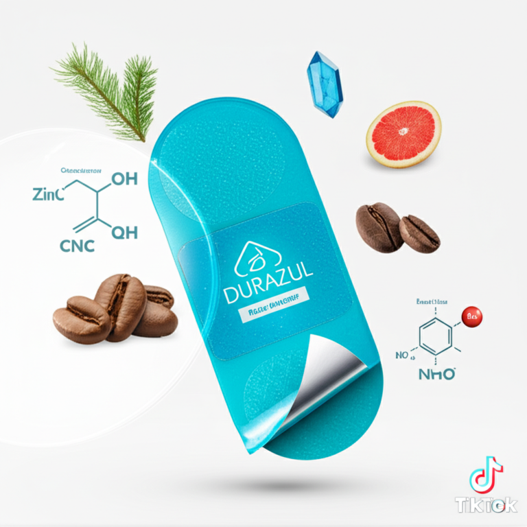 Durazul – adesivo sexual natural em formato de patch, com ícones de ingredientes naturais ao redor.