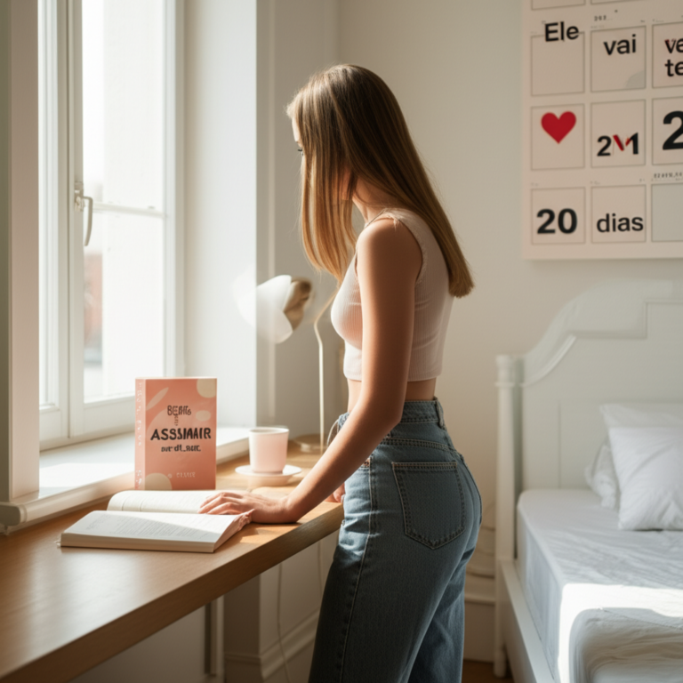 Jovem confiante olhando para um calendário com o 20º dia destacado por um coração, ao lado de um ebook aberto intitulado "Ele vai te ASSUMIR em 20 dias".