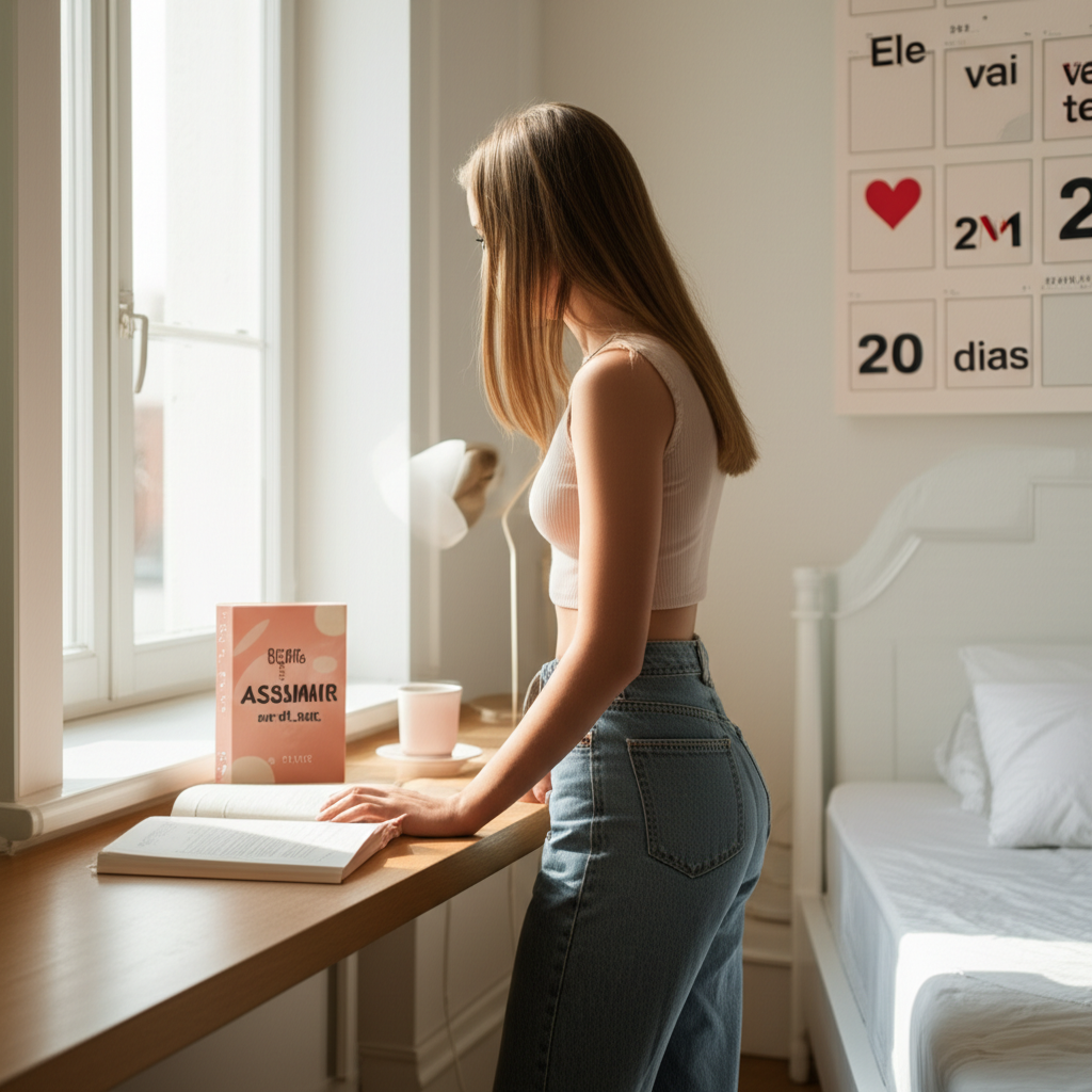 Jovem confiante olhando para um calendário com o 20º dia destacado por um coração, ao lado de um ebook aberto intitulado "Ele vai te ASSUMIR em 20 dias".