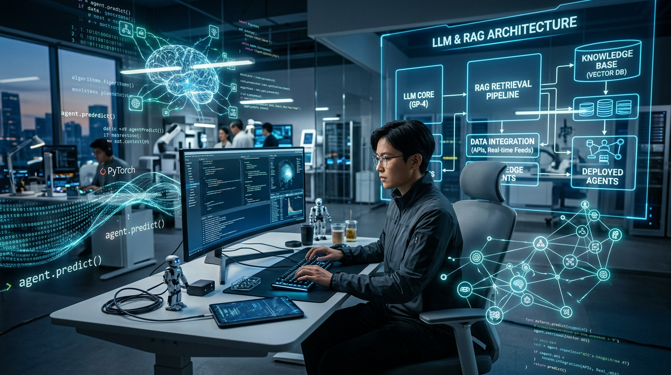 Engenheiro de software focado em tela futurista com visualizações de redes neurais, fluxos de dados e sistemas de IA como LLMs e RAG.