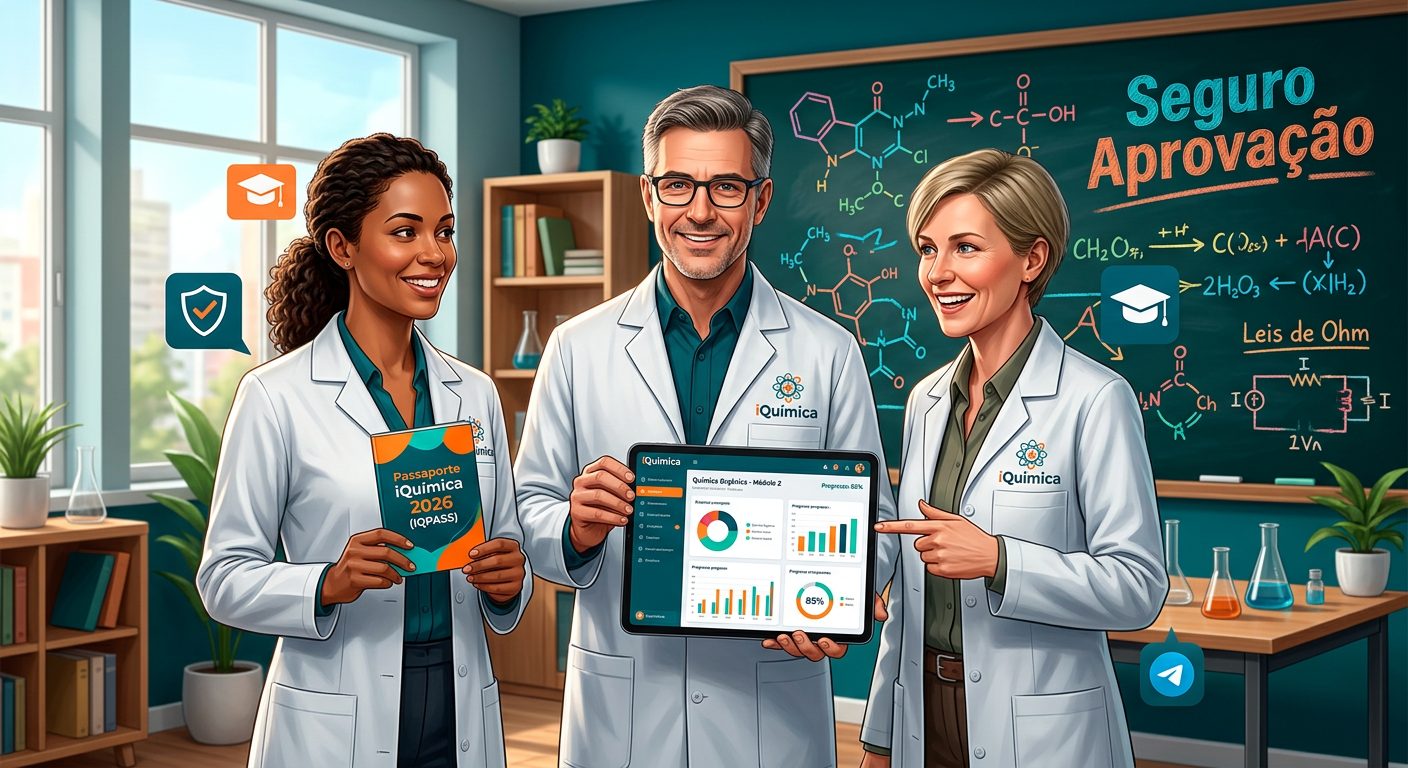 Equipe iQuímica apresentando o Passaporte iQuímica 2026 (IQPASS) com materiais de estudo, símbolos de garantia e suporte via Telegram.