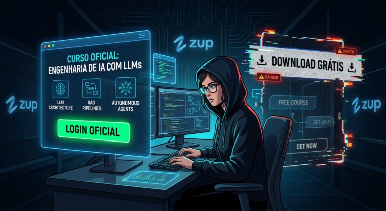Ilustração de desenvolvedor construindo sistemas de IA com LLMs, RAG e agentes, destacando o login oficial ao lado da armadilha de download grátis.