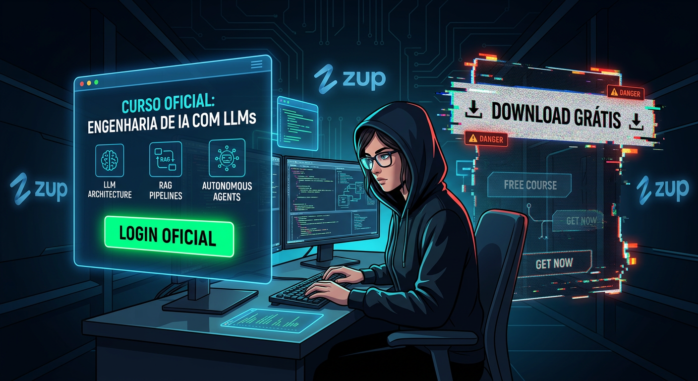 Ilustração de desenvolvedor construindo sistemas de IA com LLMs, RAG e agentes, destacando o login oficial ao lado da armadilha de download grátis.