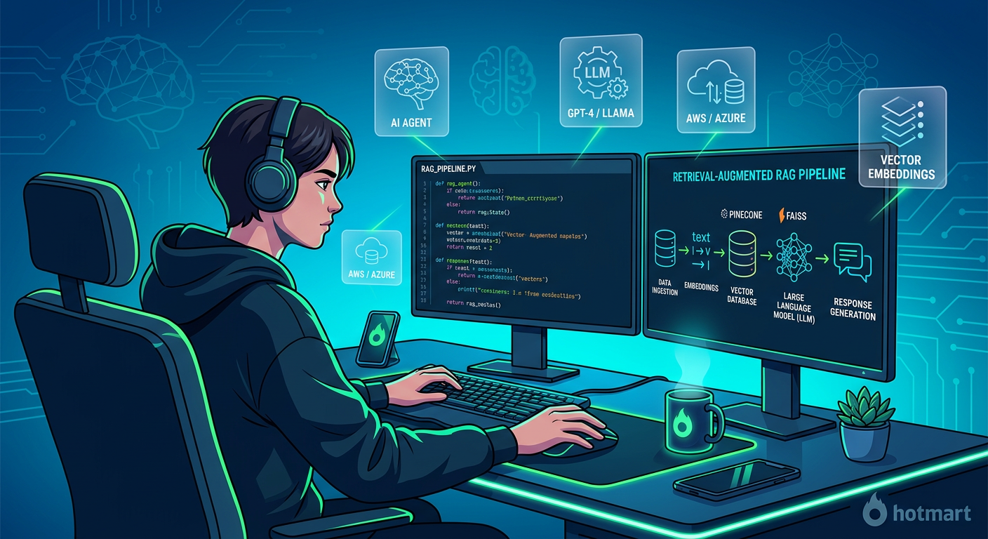 Ilustração de desenvolvedor construindo sistemas de IA generativa com pipelines RAG, mostrando código, diagramas de embeddings e ícones de LLMs.