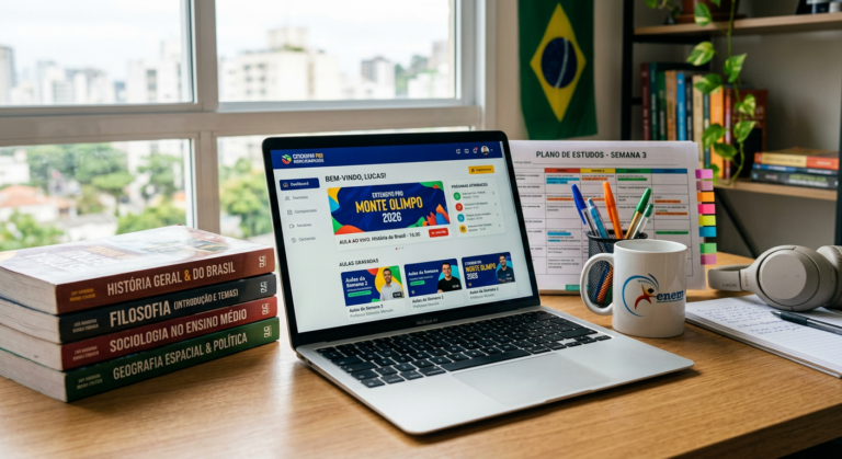 Estação de estudo com laptop exibindo a plataforma Extensivo PRO Monte Olimpo 2026, livros de Ciências Humanas e material de planejamento ao lado.
