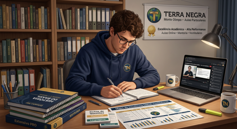 Estudante estudando com material impresso do Extensivo PRO Terra Negra e laptop aberto, representando aulas ao vivo e aulas particulares Monte Olimpo.