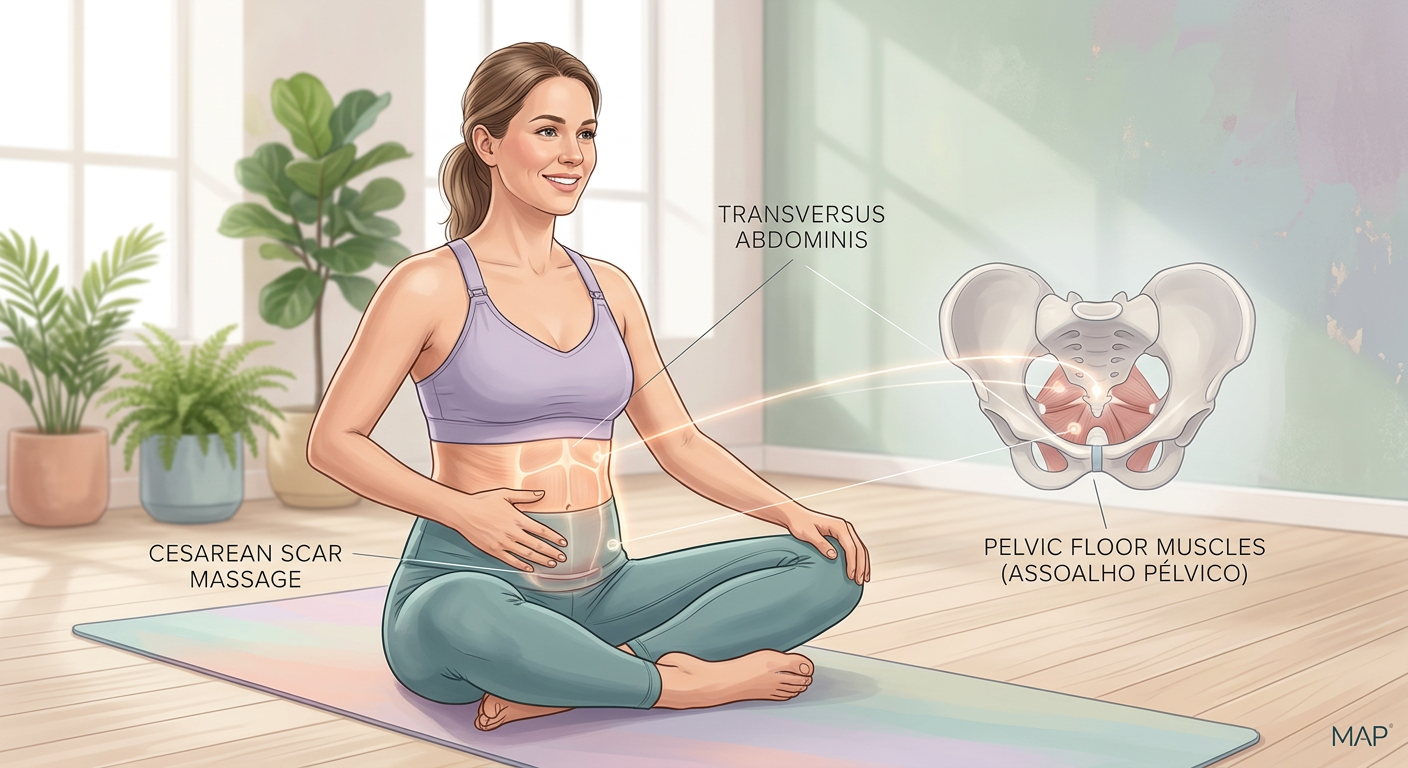 Mulher pós‑parto executando exercício de bracing do Método Abdômen Power, com músculos profundos do abdômen destacados e liberação da cicatriz de cesárea.