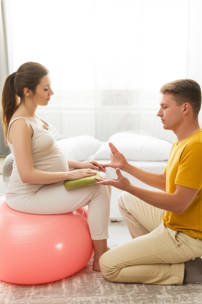 Gestante praticando exercícios de fisioterapia pélvica com apoio do parceiro, usando bola suíça e bolsa térmica, em ambiente tranquilo.