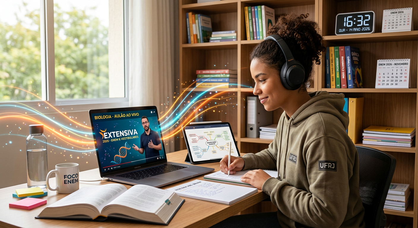 Estudante focado estudando online para o ENEM 2026 com o curso Extensiva 2026, em um ambiente de aprendizado moderno e organizado.
