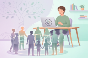 Ilustração de facilitador conduzindo sessão de constelação familiar online, com silhuetas de participantes formando círculo conectado por linhas de luz.