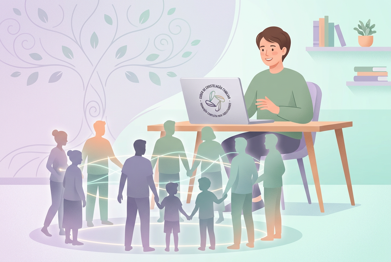 Ilustração de facilitador conduzindo sessão de constelação familiar online, com silhuetas de participantes formando círculo conectado por linhas de luz.