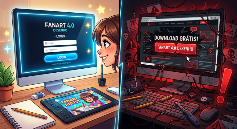Comparação visual entre o atalho oficial de login do curso Fanart 4.0 Desenho e a armadilha do download gratuito, destacando segurança versus risco.