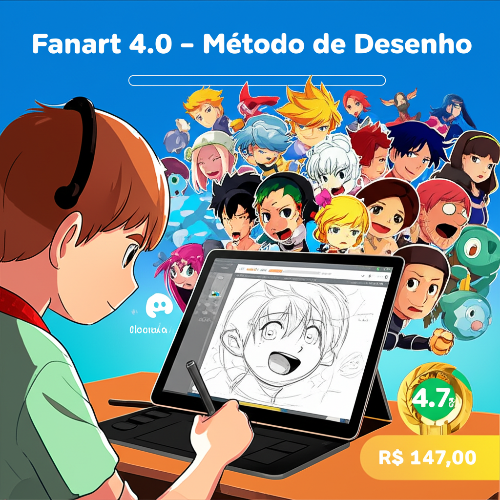Ilustração digital de um jovem artista usando tablet para desenhar personagens de anime, rodeado por ícones de comunidade, avaliação 4,7 estrelas e certificado, representando o curso online Fanart 4.0.
