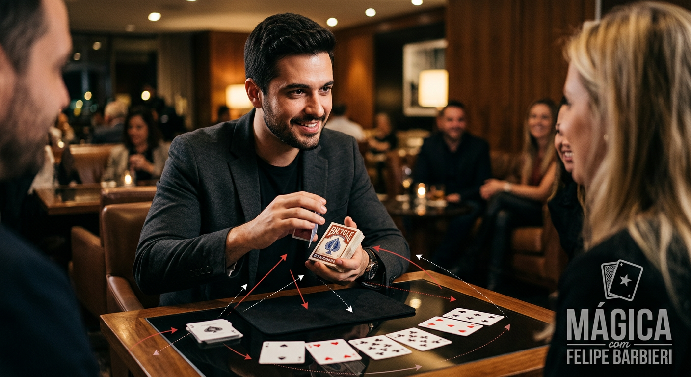 Felipe Barbieri realizando um truque de close‑up com baralhos Bicycle, destaque para a mão e o olhar concentrado.