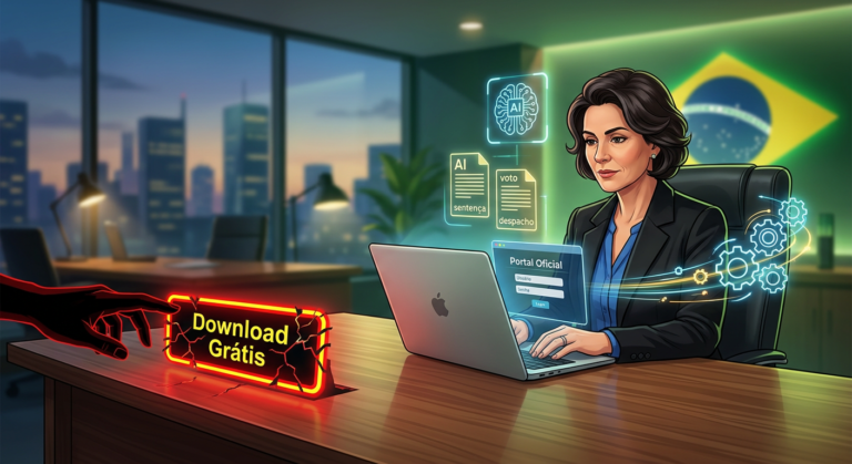 Ilustração de juiz usando laptop com login oficial ao lado de botão de download grátis, representando a escolha entre ferramentas digitais seguras e armadilhas gratuitas.