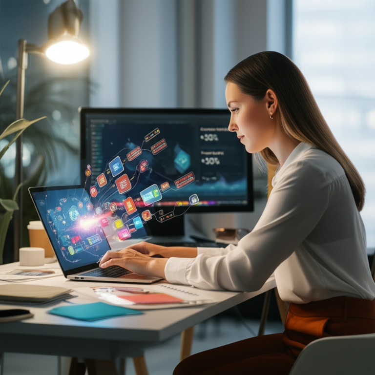 Designer de UX Sofia usando FlowCanvas AI para superar bloqueio criativo, mostrando dashboards de produtividade e redução de estresse.
