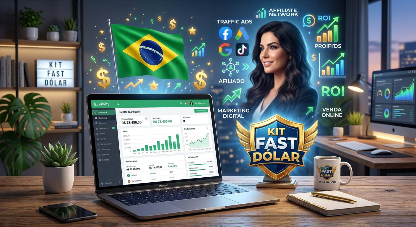 Capa do curso Formação Afiliado Avançado + Kit Fast Dólar de Tayna Gauche, com laptop, bandeira brasileira, símbolos de dólar e badge do Kit Fast Dólar.