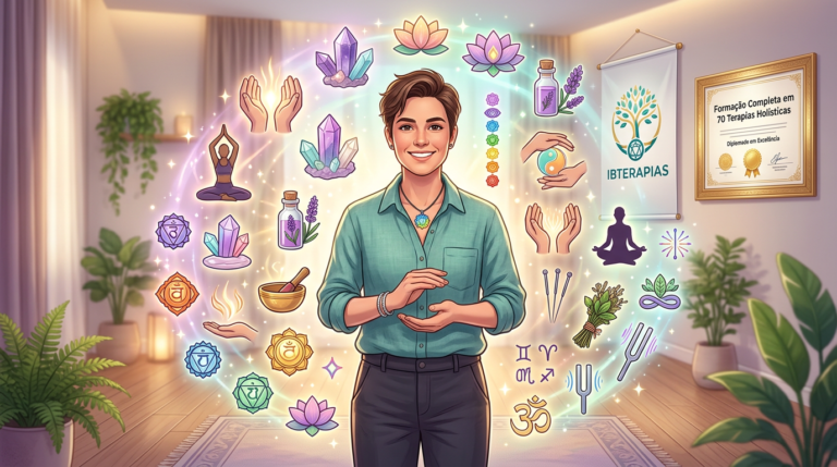 Ilustração de terapeuta holístico cercado por ícones de 70 terapias diferentes, com certificado da Ibterapias ao fundo.
