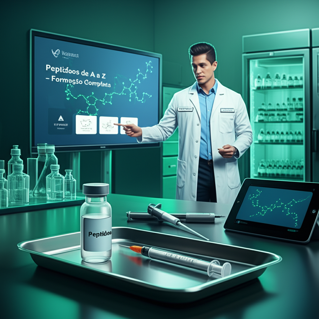 Laboratório moderno com frascos de peptídeos, seringa de precisão, tablet mostrando estrutura molecular e professor Thiago Bechara explicando a formação completa em peptídeos.