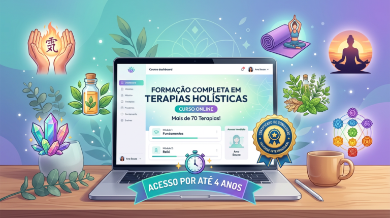 Ilustração de laptop com curso online de Terapias Holísticas, cercado por ícones de Reiki, aromaterapia, cristais, yoga e outras terapias.