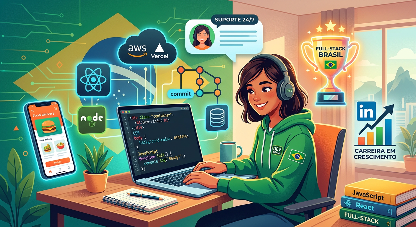 Ilustração da Formação DevClub Full Stack BR mostrando laptop com código, ícones de tecnologias (React, Node.js, React Native, AWS), bandeira brasileira, troféu e chat de suporte 24/7.