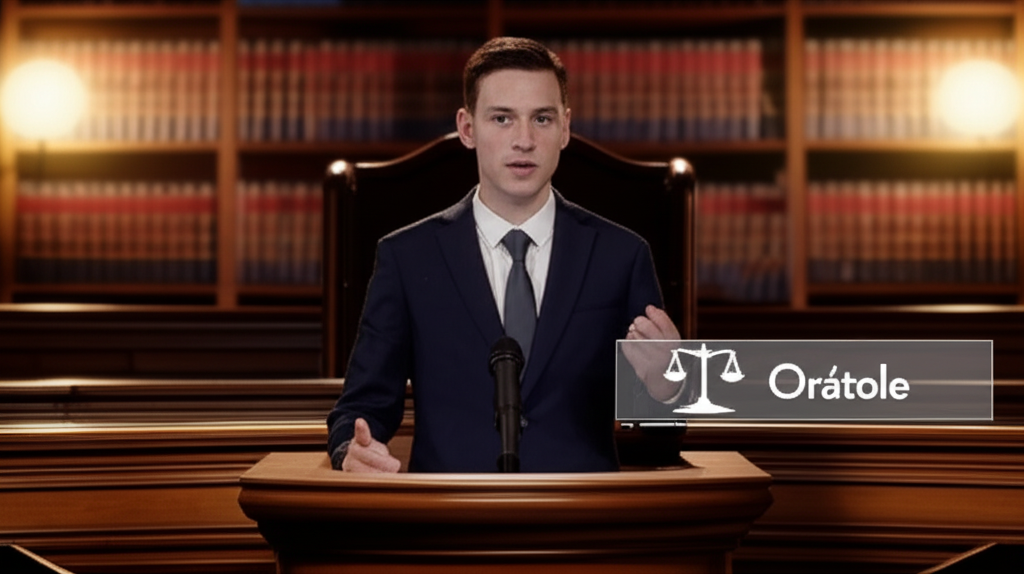 Advogado confiante apresentando sustentação oral em tribunal, representando o curso de Oratória Jurídica Orátole.