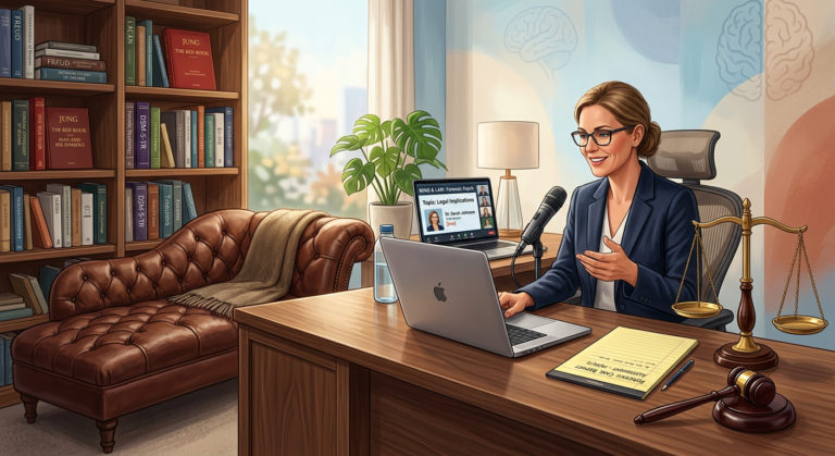 Ilustração de formação em Psicanálise Clínica e Forense, combinando ambiente de estudo online com símbolos da psicologia e da justiça.