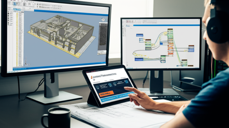 Estação de trabalho com Revit 2025, Dynamo e Navisworks exibindo modelo BIM e script de automação, representando a Formação em Revit Arquitetura da Axiom.