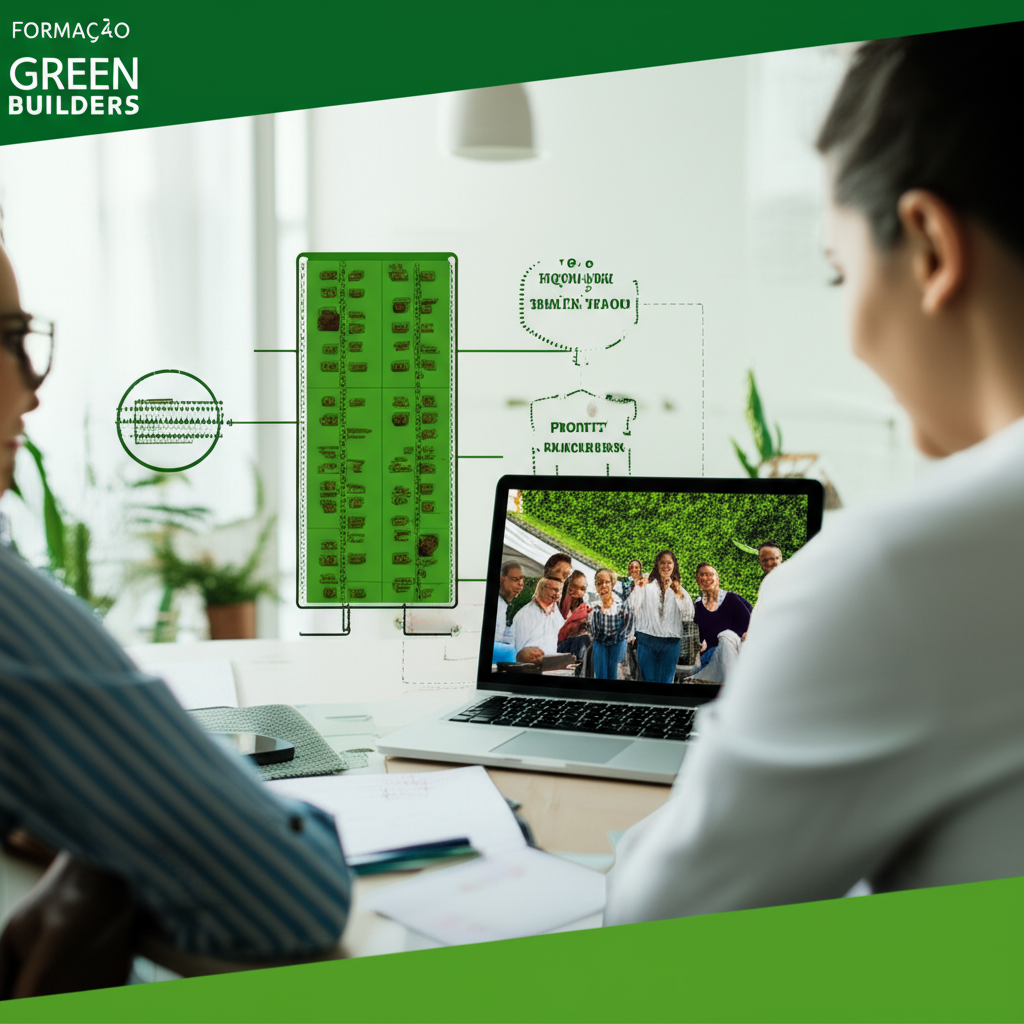 Alunos assistindo a aula online do Formação Green Builders, com imagens de jardins verticais e telhados verdes ao fundo