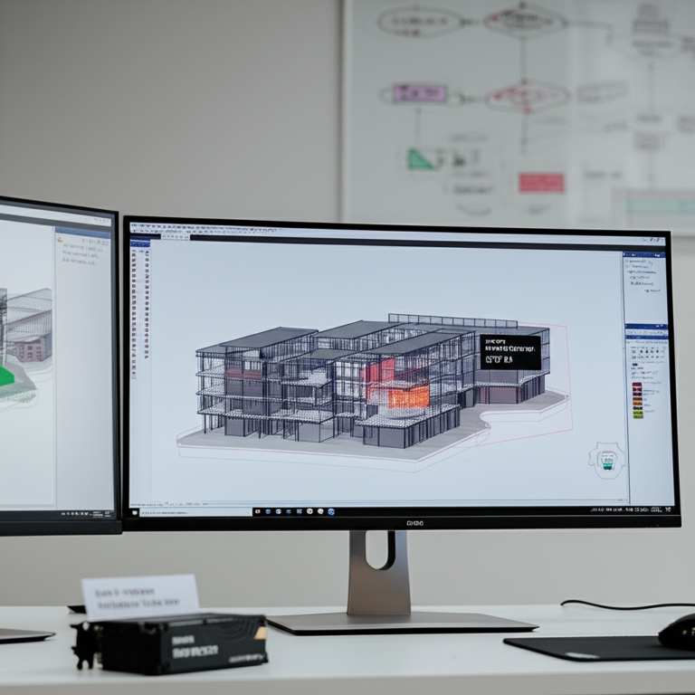 Estação de trabalho com Revit 2025 aberto, mostrando modelo BIM e ferramentas de detecção de conflitos, ao lado de hardware i7, 16 GB RAM, SSD 500 GB e GPU GTX 1650.