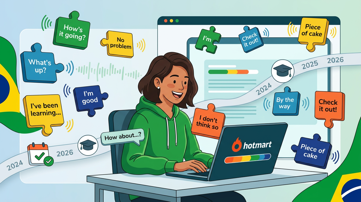 Ilustração de estudante brasileiro rodeado por blocos de frases em inglês, com linha do tempo 2024‑2026, simbolizando a metodologia do curso Fórmula da Fluência.