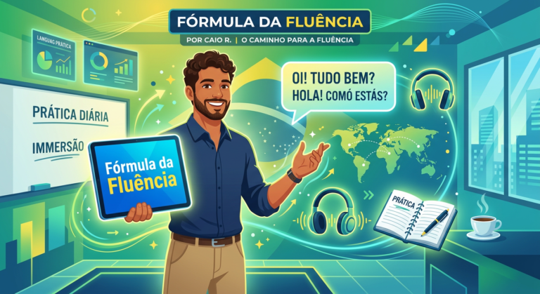 Ilustração de Caio R. apresentando o curso Fórmula da Fluência com ícones de aprendizado de idiomas.