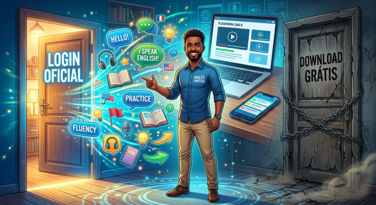 Ilustração de Caio R. entre duas portas: a porta oficial iluminada e a porta de download grátis escura, com palavras em inglês flutuando ao redor.